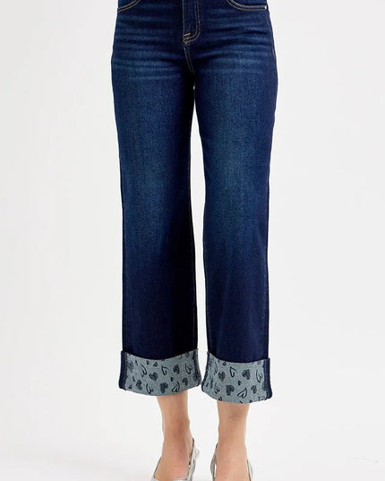 RISEN Full Size Mid Rise Fit Crop Wide With Printed Cuff Jeans Plus Size - THE AMERICAN BLUE
