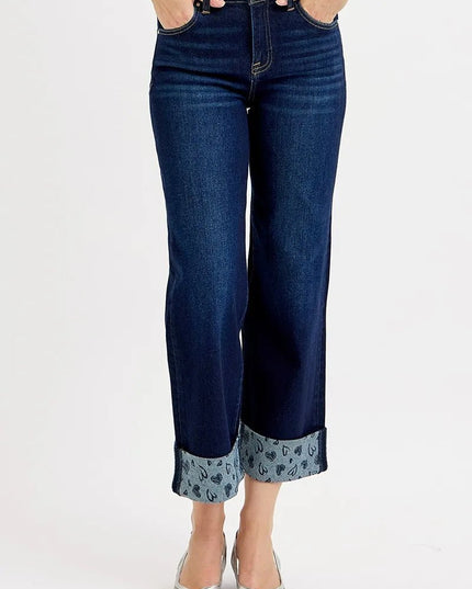 RISEN Full Size Mid Rise Fit Crop Wide With Printed Cuff Jeans Plus Size - THE AMERICAN BLUE