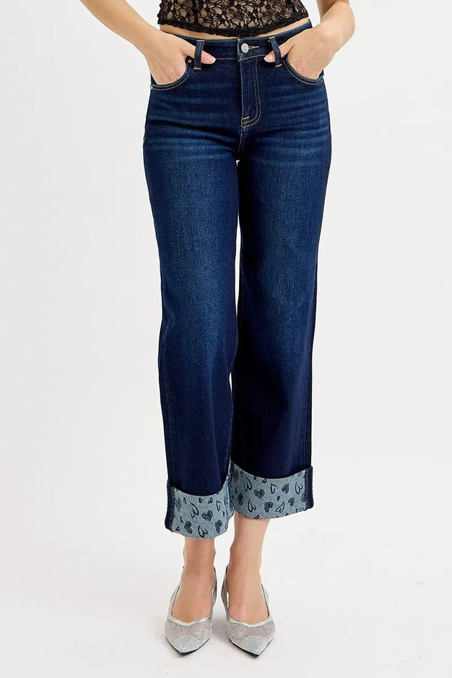 RISEN Full Size Mid Rise Fit Crop Wide With Printed Cuff Jeans Plus Size - THE AMERICAN BLUE