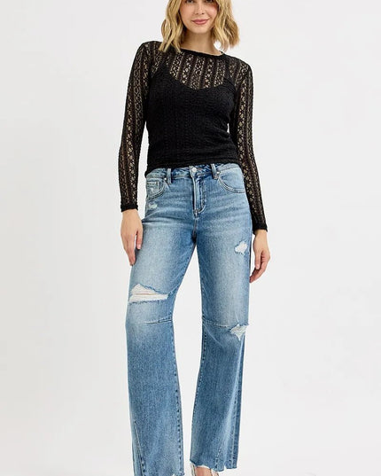 RISEN Full Size Mid Rise Fit Wide Baggy Leg Tie Washed Jeans Plus Size - THE AMERICAN BLUE