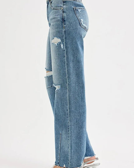 RISEN Full Size Mid Rise Fit Wide Baggy Leg Tie Washed Jeans Plus Size - THE AMERICAN BLUE