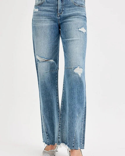 RISEN Full Size Mid Rise Fit Wide Baggy Leg Tie Washed Jeans Plus Size - THE AMERICAN BLUE