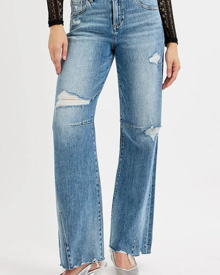 RISEN Full Size Mid Rise Fit Wide Baggy Leg Tie Washed Jeans Plus Size - THE AMERICAN BLUE