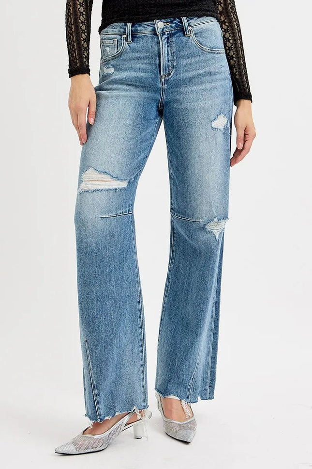RISEN Full Size Mid Rise Fit Wide Baggy Leg Tie Washed Jeans Plus Size - THE AMERICAN BLUE