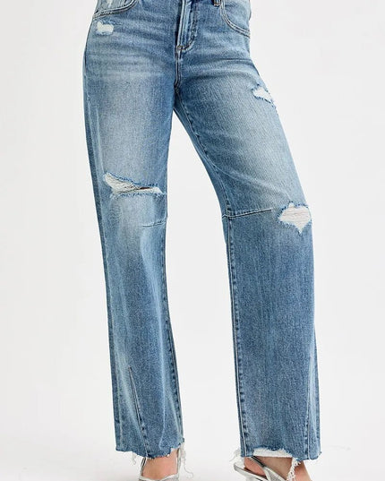 RISEN Full Size Mid Rise Fit Wide Baggy Leg Tie Washed Jeans Plus Size - THE AMERICAN BLUE