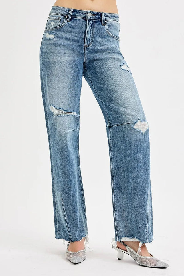 RISEN Full Size Mid Rise Fit Wide Baggy Leg Tie Washed Jeans Plus Size - THE AMERICAN BLUE