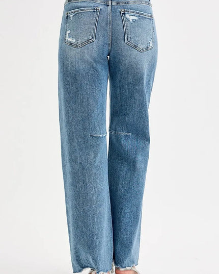 RISEN Full Size Mid Rise Fit Wide Baggy Leg Tie Washed Jeans Plus Size - THE AMERICAN BLUE