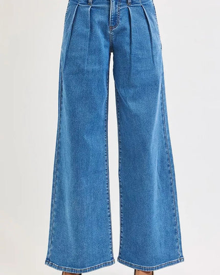 RISEN Full Size Mid Rise Fit Wide Leg with Pleated Detail Jeans Plus Size - THE AMERICAN BLUE