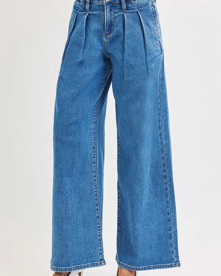 RISEN Full Size Mid Rise Fit Wide Leg with Pleated Detail Jeans Plus Size - THE AMERICAN BLUE