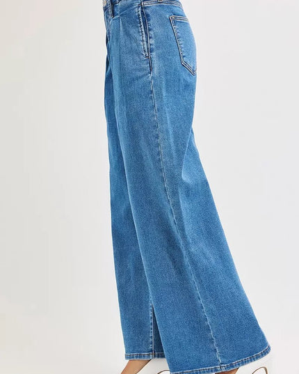 RISEN Full Size Mid Rise Fit Wide Leg with Pleated Detail Jeans Plus Size - THE AMERICAN BLUE