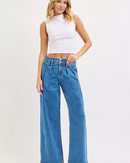 RISEN Full Size Mid Rise Fit Wide Leg with Pleated Detail Jeans Plus Size - THE AMERICAN BLUE