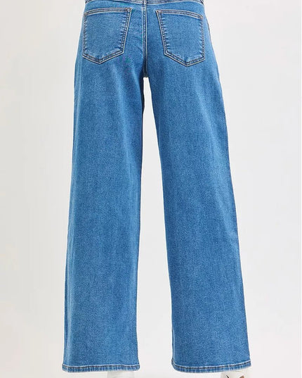 RISEN Full Size Mid Rise Fit Wide Leg with Pleated Detail Jeans Plus Size - THE AMERICAN BLUE