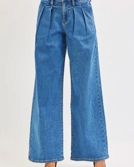 RISEN Full Size Mid Rise Fit Wide Leg with Pleated Detail Jeans Plus Size - THE AMERICAN BLUE