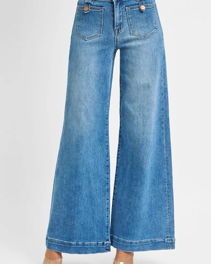 RISEN Full Size Mid Rise Wide Front Patch Pocket Jeans Plus Size - THE AMERICAN BLUE