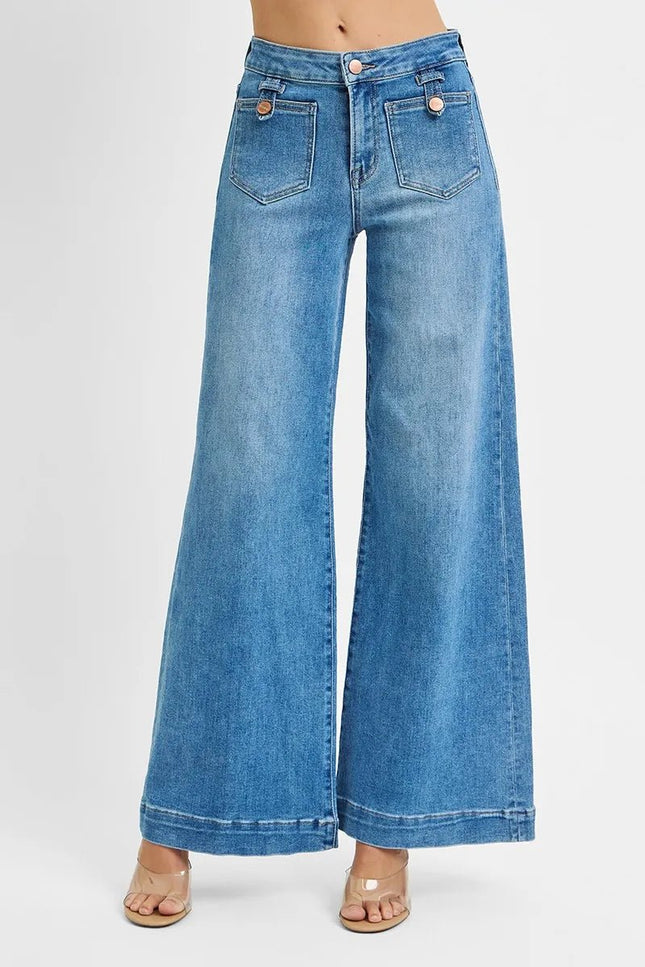 RISEN Full Size Mid Rise Wide Front Patch Pocket Jeans Plus Size - THE AMERICAN BLUE