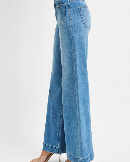 RISEN Full Size Mid Rise Wide Front Patch Pocket Jeans Plus Size - THE AMERICAN BLUE