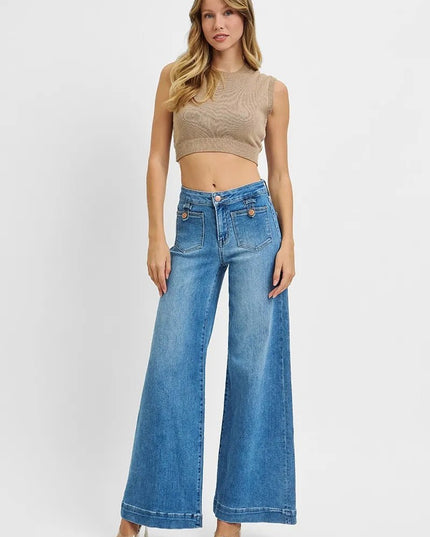 RISEN Full Size Mid Rise Wide Front Patch Pocket Jeans Plus Size - THE AMERICAN BLUE