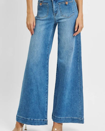 RISEN Full Size Mid Rise Wide Front Patch Pocket Jeans Plus Size - THE AMERICAN BLUE
