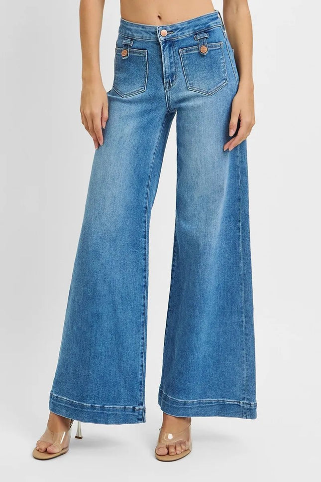 RISEN Full Size Mid Rise Wide Front Patch Pocket Jeans Plus Size - THE AMERICAN BLUE