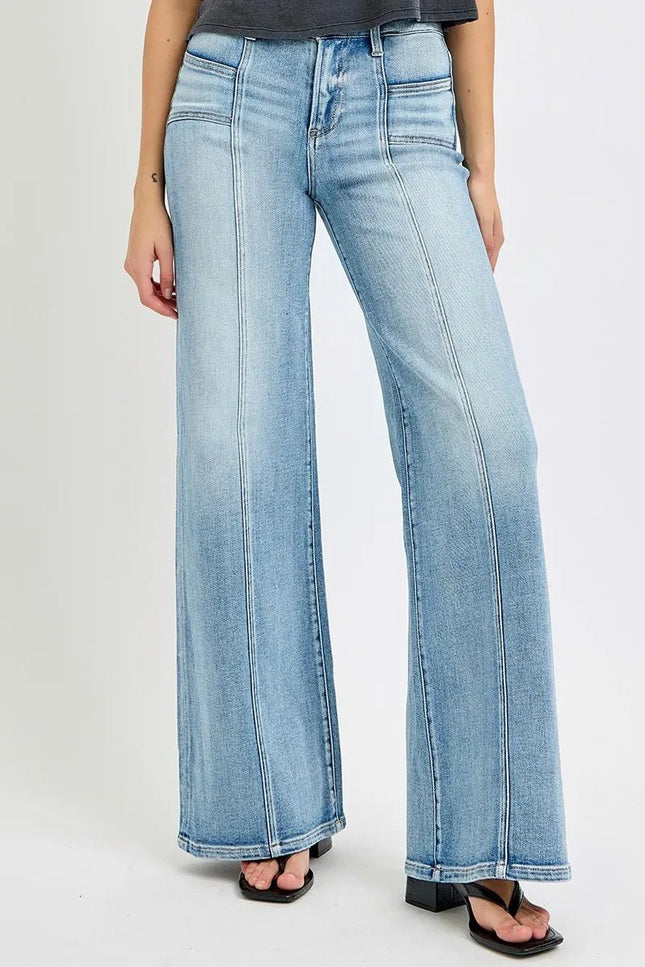 RISEN Full Size Mid Rise Wide Jeans with Front Patch Pocket Plus Size - THE AMERICAN BLUE