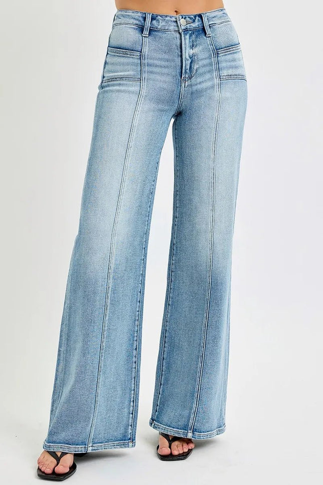 RISEN Full Size Mid Rise Wide Jeans with Front Patch Pocket Plus Size - THE AMERICAN BLUE