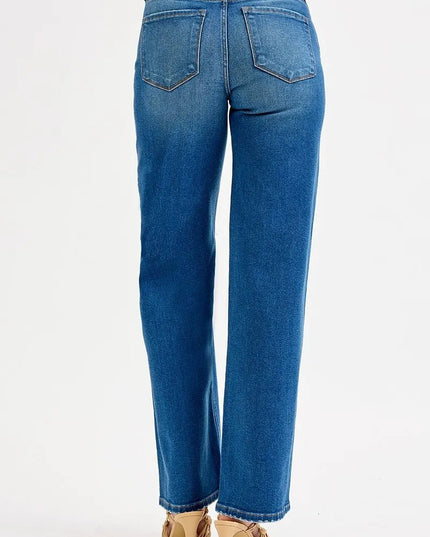RISEN Full Size Mid Waist Fit Boyfriend Knee Distressed Jeans Plus Size - THE AMERICAN BLUE