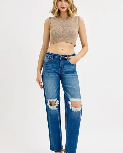 RISEN Full Size Mid Waist Fit Boyfriend Knee Distressed Jeans Plus Size - THE AMERICAN BLUE