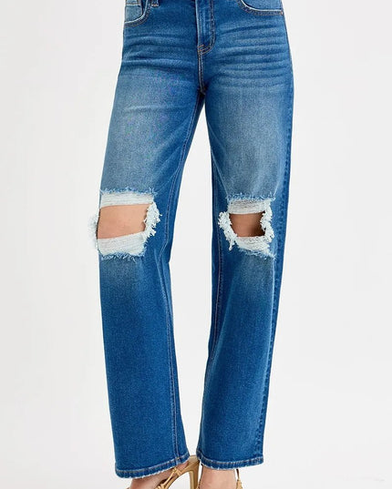 RISEN Full Size Mid Waist Fit Boyfriend Knee Distressed Jeans Plus Size - THE AMERICAN BLUE