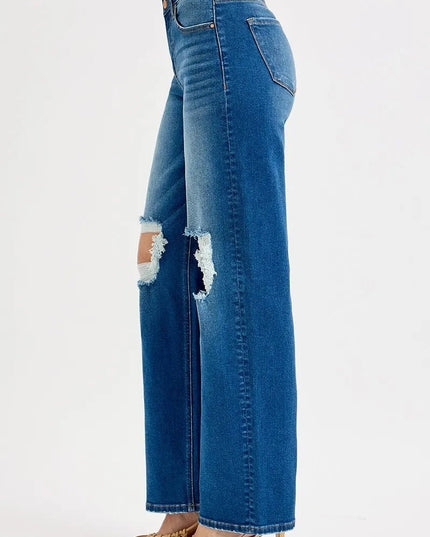 RISEN Full Size Mid Waist Fit Boyfriend Knee Distressed Jeans Plus Size - THE AMERICAN BLUE