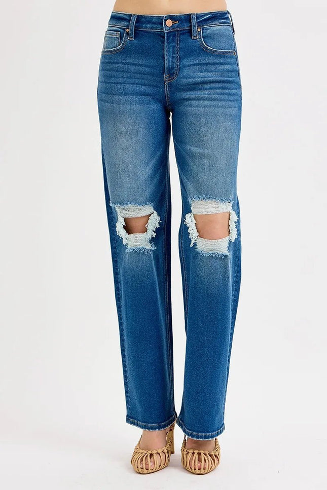 RISEN Full Size Mid Waist Fit Boyfriend Knee Distressed Jeans Plus Size - THE AMERICAN BLUE