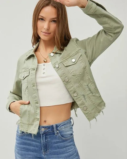 RISEN Full Size Raw Hem Button Up Cropped Denim Jacket Plus Size - THE AMERICAN BLUE