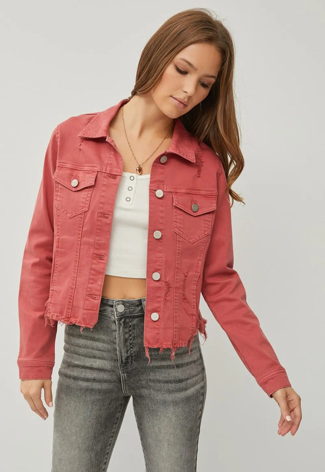 RISEN Full Size Raw Hem Button Up Cropped Denim Jacket Plus Size - THE AMERICAN BLUE