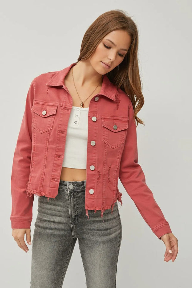 RISEN Full Size Raw Hem Button Up Cropped Denim Jacket Plus Size - THE AMERICAN BLUE