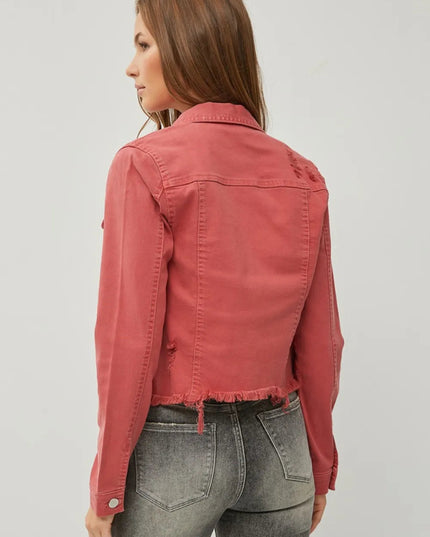 RISEN Full Size Raw Hem Button Up Cropped Denim Jacket Plus Size - THE AMERICAN BLUE