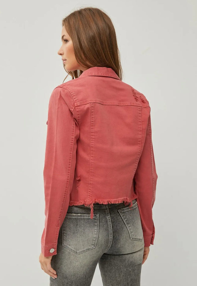 RISEN Full Size Raw Hem Button Up Cropped Denim Jacket Plus Size - THE AMERICAN BLUE