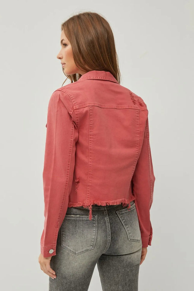 RISEN Full Size Raw Hem Button Up Cropped Denim Jacket Plus Size - THE AMERICAN BLUE