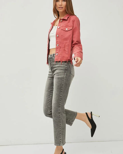 RISEN Full Size Raw Hem Button Up Cropped Denim Jacket Plus Size - THE AMERICAN BLUE