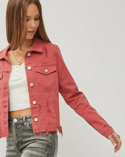 RISEN Full Size Raw Hem Button Up Cropped Denim Jacket Plus Size - THE AMERICAN BLUE