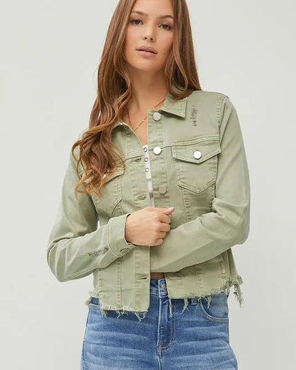RISEN Full Size Raw Hem Button Up Cropped Denim Jacket Plus Size - THE AMERICAN BLUE