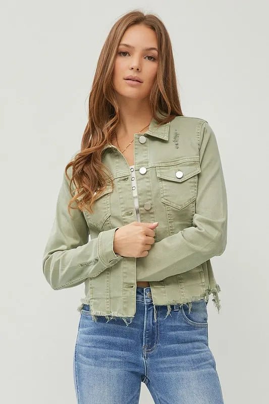 RISEN Full Size Raw Hem Button Up Cropped Denim Jacket Plus Size - THE AMERICAN BLUE