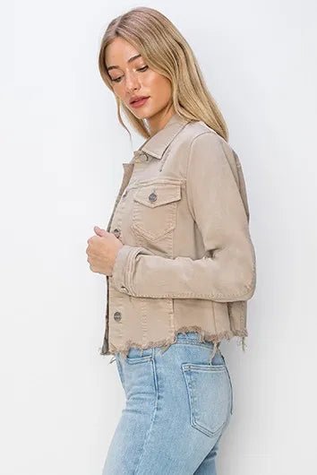 RISEN Full Size Raw Hem Button Up Cropped Denim Jacket Plus Size - THE AMERICAN BLUE