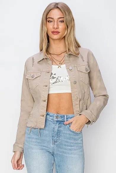 RISEN Full Size Raw Hem Button Up Cropped Denim Jacket Plus Size - THE AMERICAN BLUE