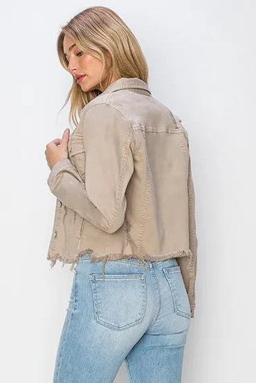 RISEN Full Size Raw Hem Button Up Cropped Denim Jacket Plus Size - THE AMERICAN BLUE