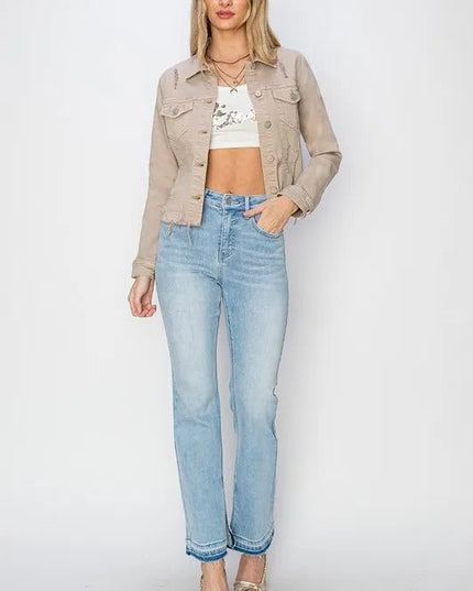 RISEN Full Size Raw Hem Button Up Cropped Denim Jacket Plus Size - THE AMERICAN BLUE