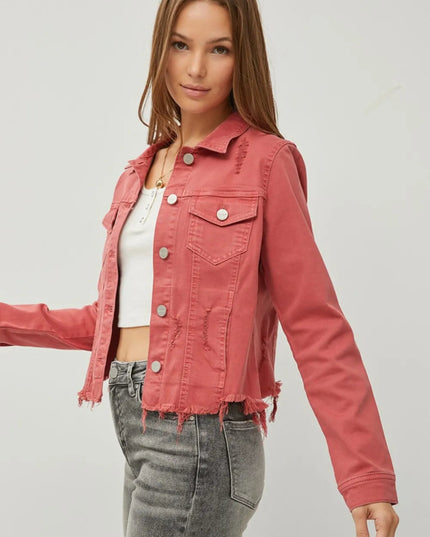 RISEN Full Size Raw Hem Button Up Cropped Denim Jacket Plus Size - THE AMERICAN BLUE