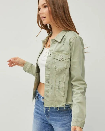 RISEN Full Size Raw Hem Button Up Cropped Denim Jacket Plus Size - THE AMERICAN BLUE