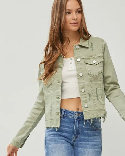 RISEN Full Size Raw Hem Button Up Cropped Denim Jacket Plus Size - THE AMERICAN BLUE