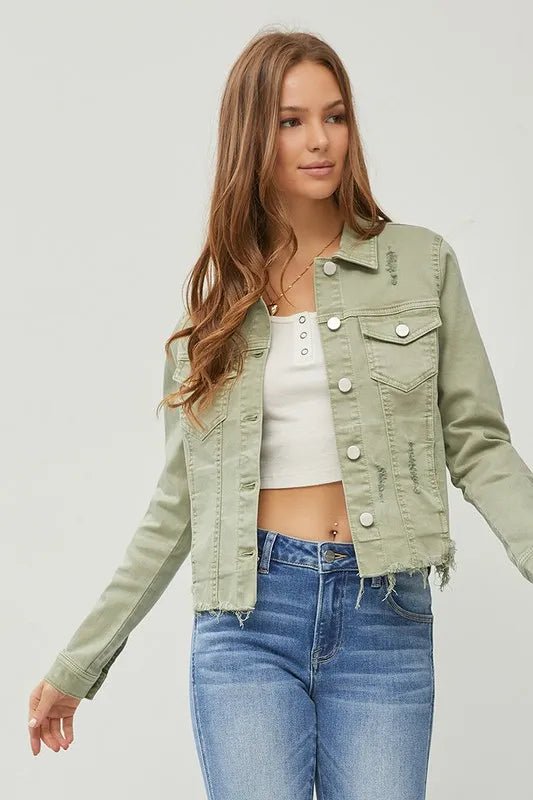 RISEN Full Size Raw Hem Button Up Cropped Denim Jacket Plus Size - THE AMERICAN BLUE