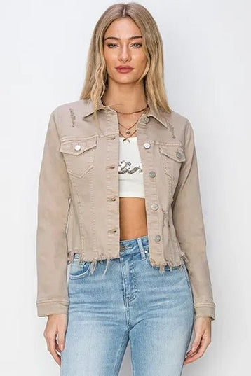 RISEN Full Size Raw Hem Button Up Cropped Denim Jacket Plus Size - THE AMERICAN BLUE