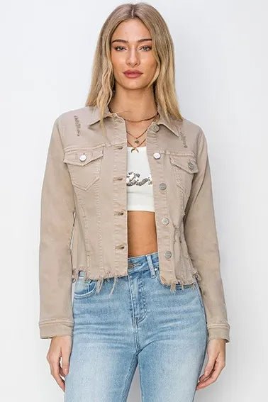RISEN Full Size Raw Hem Button Up Cropped Denim Jacket Plus Size - THE AMERICAN BLUE